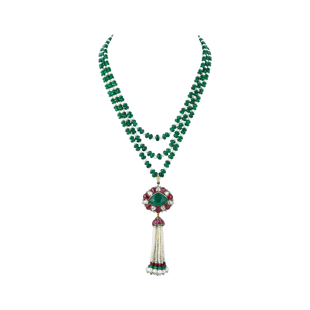 Tri-Layered Emerald and Pearl Necklace with Tassel Pendant